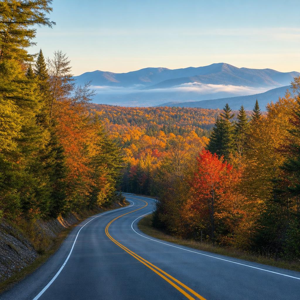 Scenic New Hampshire highway winding through autumn mountains